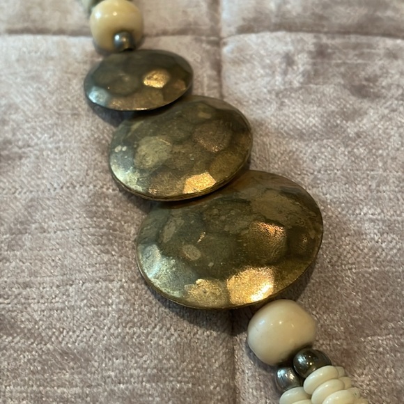 Abstract 3 Layer Cream & Brass Necklace 24” - Picture 5 of 7